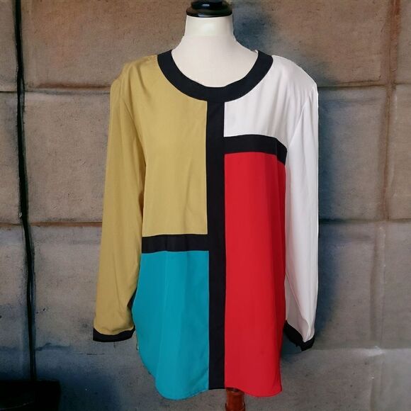 Galinda Wang Career Blouse 16W Silky Plus Size Colorblock Office Siren Corpcore - Picture 14 of 15